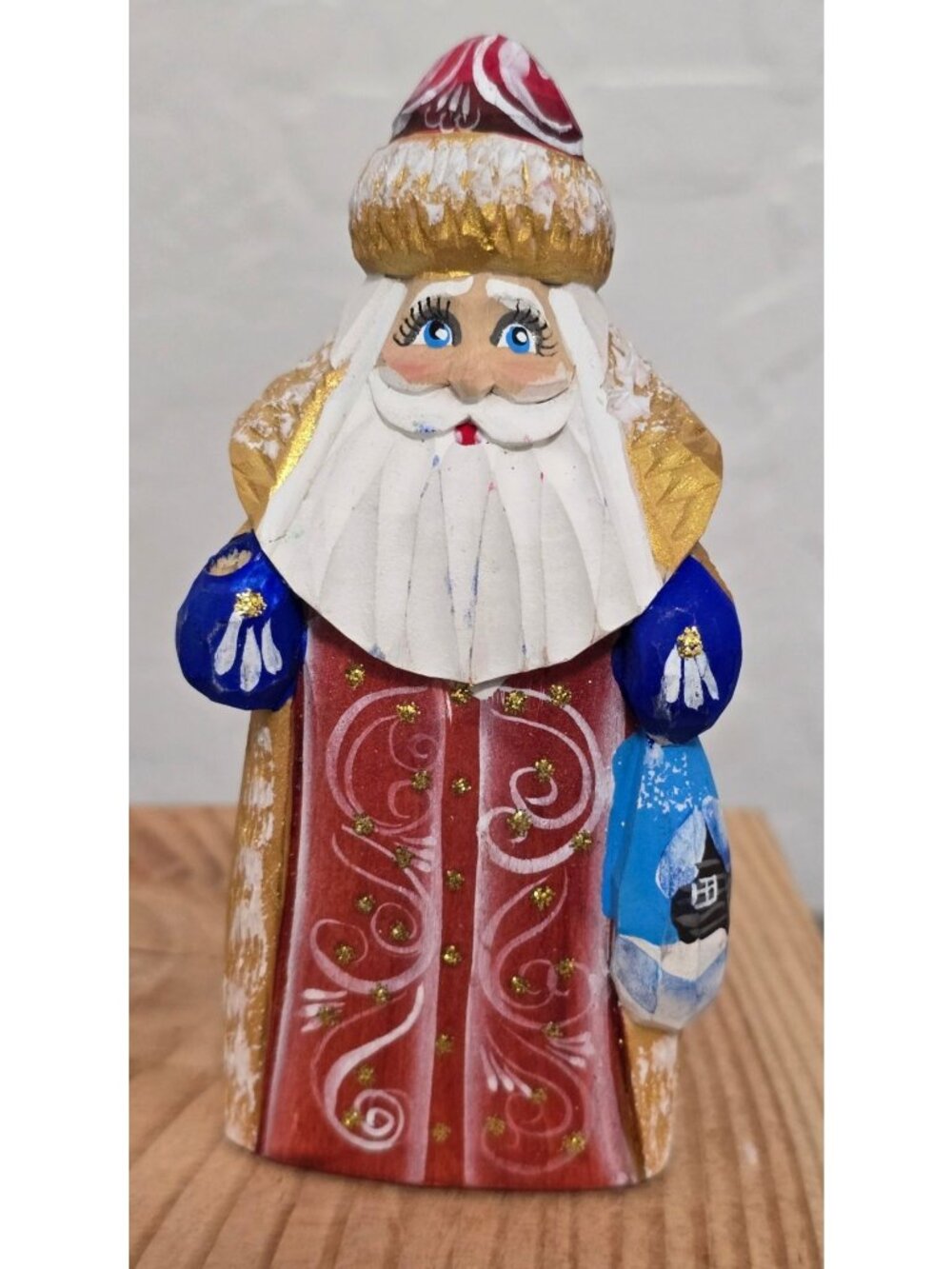 Wooden Russian Hand-Carved Painted Santa Figurine 5"